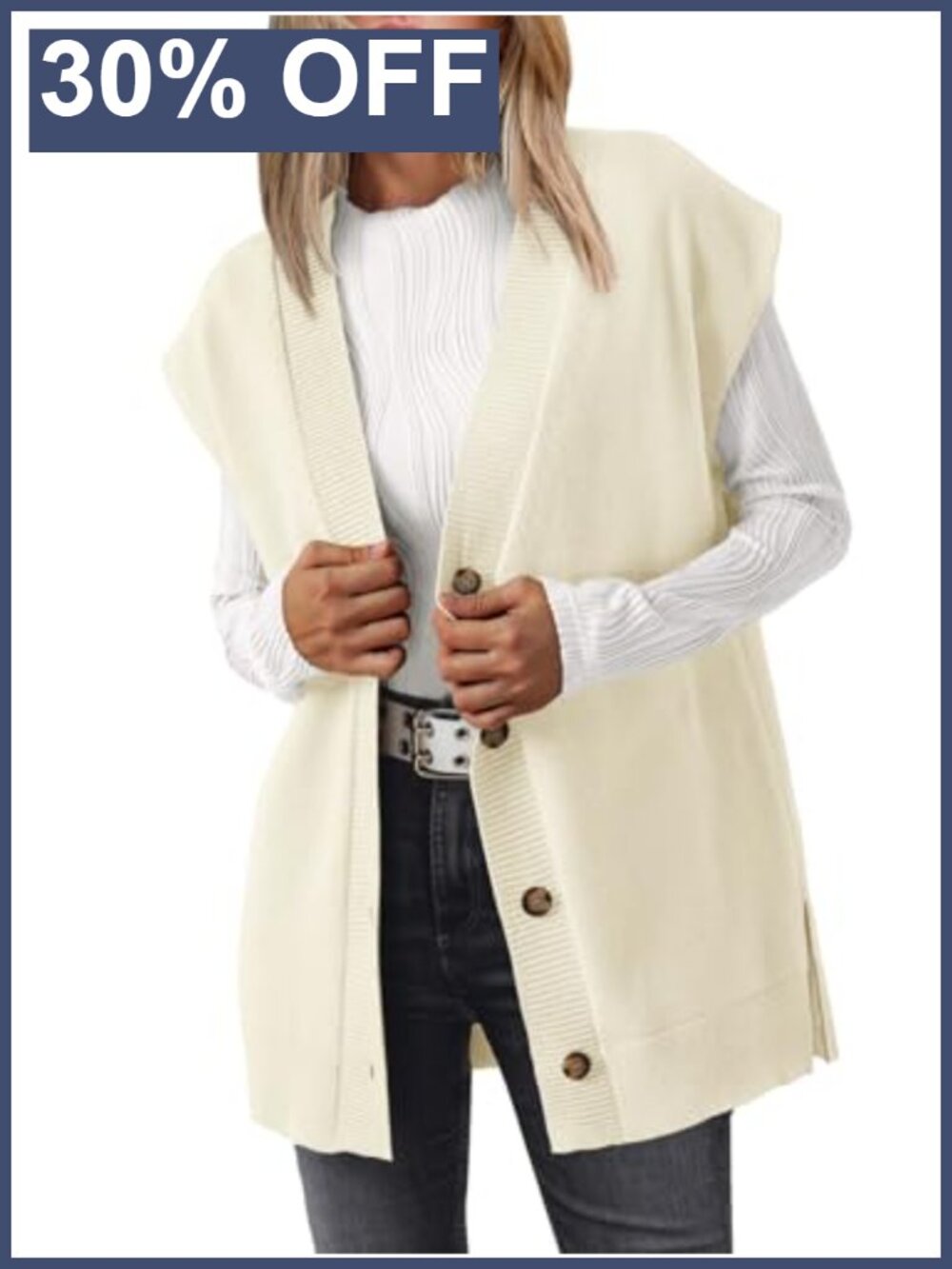 Oversized Ribbed Knit Sweater Vest Button Up V Neck Sleeveless Long Cardigan